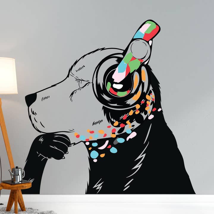 Hond met koptelefoon-stickers - Muursticker geïnspireerd door Banksy-graffiti voor wholesale door Decords