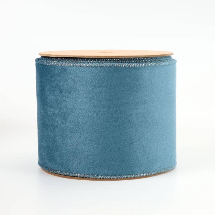 LA Ribbons Wholesale - Wholesale Ribbon - Gift Wrapping - 4" Reversible Classic Velvet/Shimmer Wired Ribbon | Military Blue/Lt. Silver | 10 Yard Roll
1