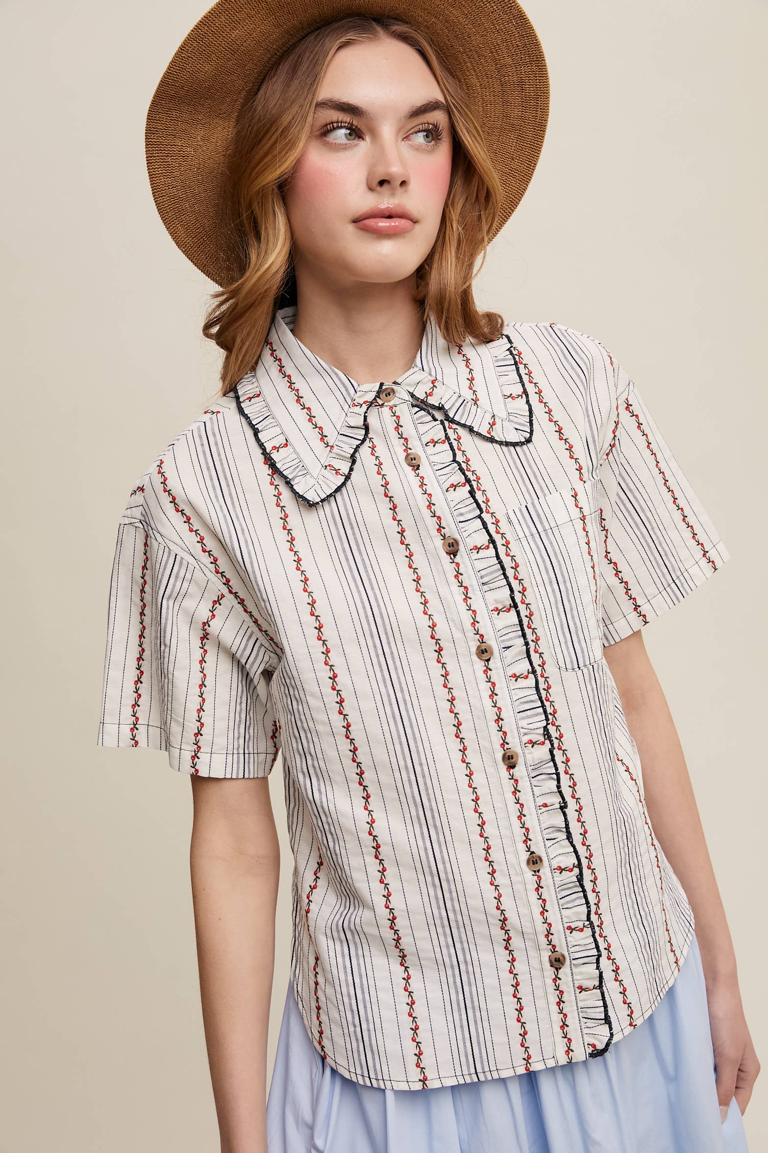 Listicle - Wholesale Button Down Shirt - Women's - Striped Embroidered Button-Down Blouse17