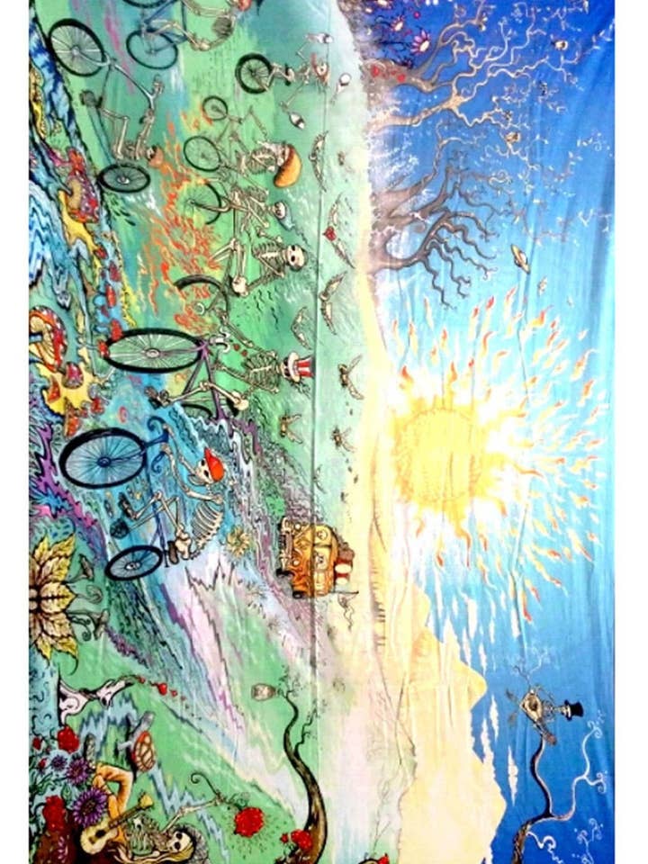 Tapiz Heady Art con estampado de esqueletos en bicicletas para venta al por mayor de Sunshine Joy