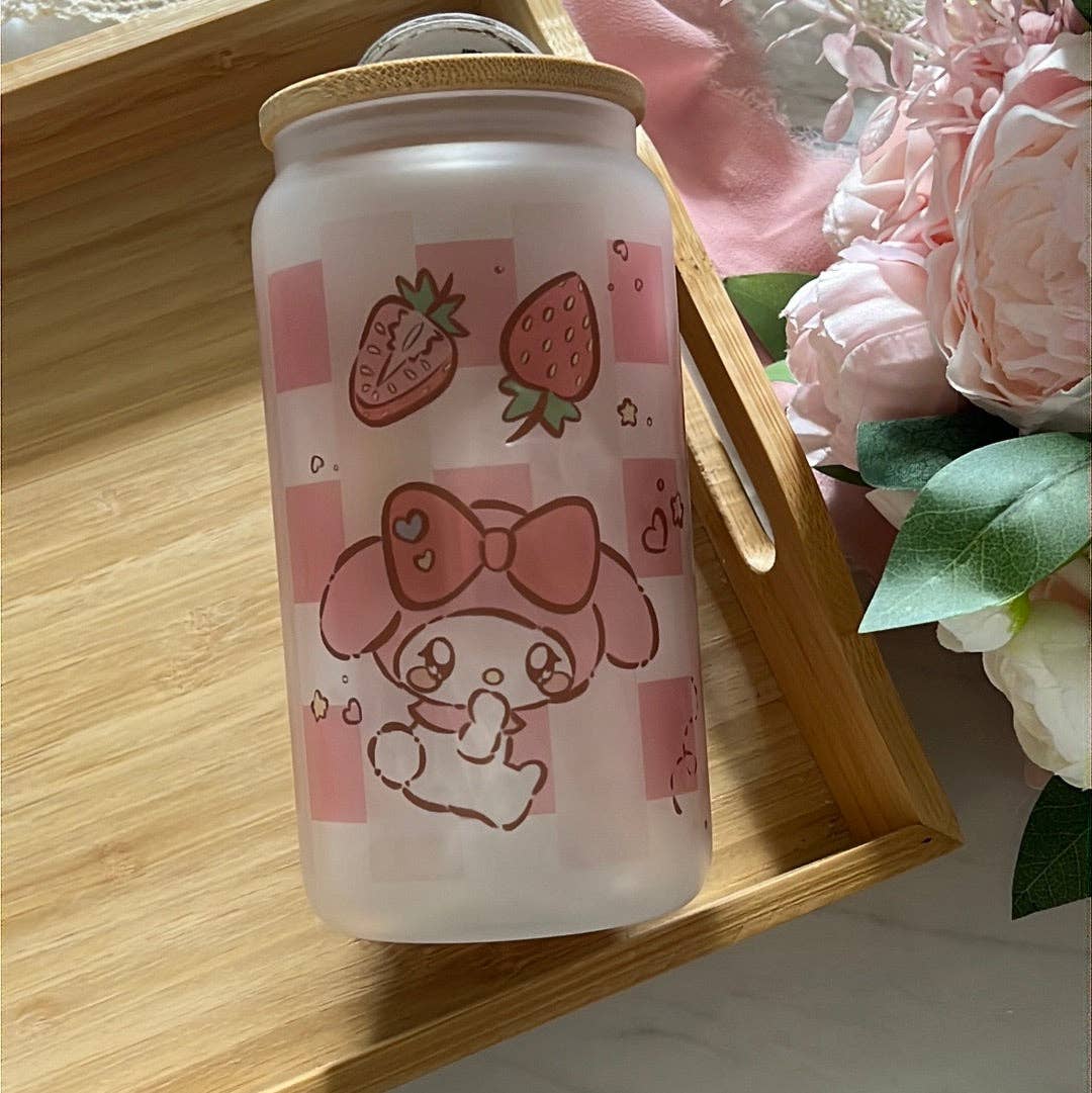 Peony Lee Art - Wholesale Drinking Glass/Cup - My Strawberry Melody 16oz Frosted Glass Tumbler with Glass Straw1