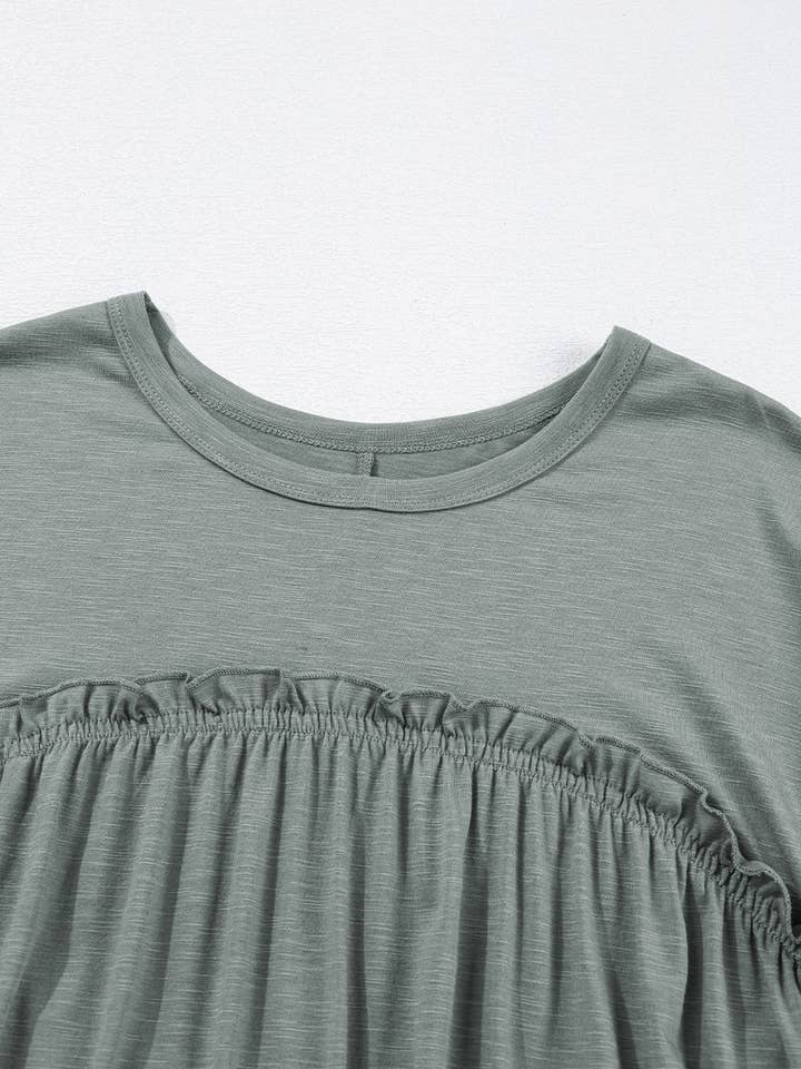 Mist Green Frilled Gathered Seam Round Neck T Shirt Dress for wholesale on Faire12