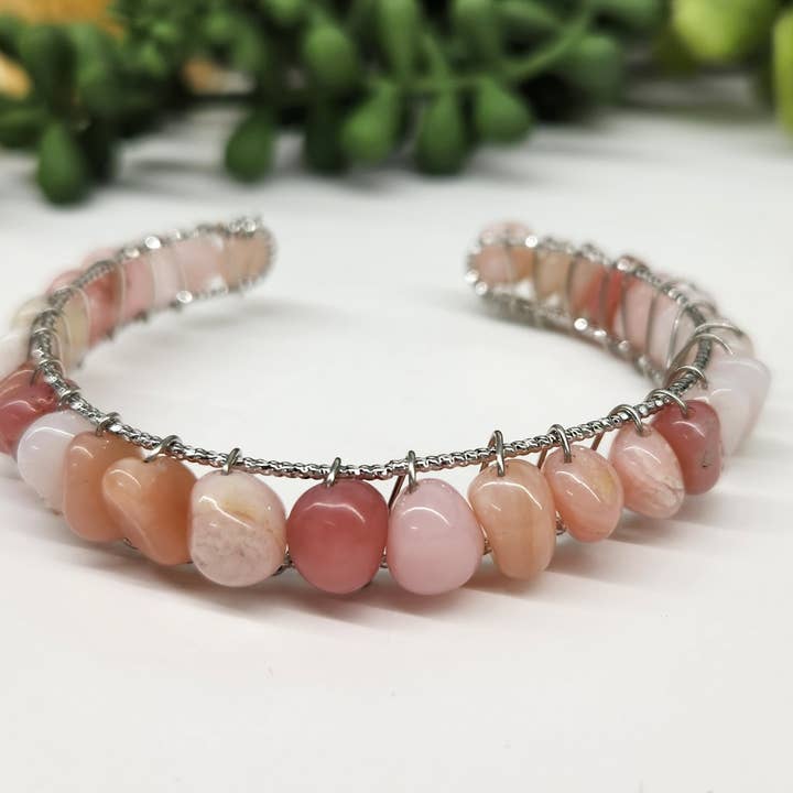 Meraki Gemstones - Wholesale Cuff Bracelet - Pink Opal Bangle/Cuff/Wire Wrapped-18kt. Gold Overlay4
