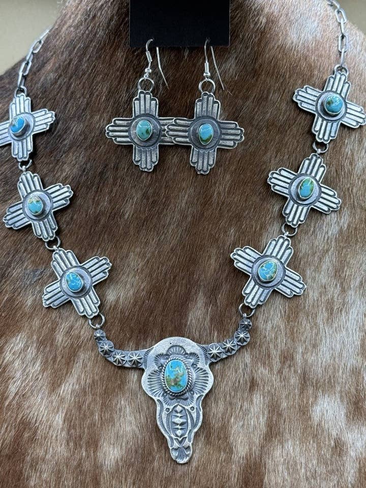 Navajo handgjort halsbandset i sterlingsilver med Sonoran Gold turkos och longhorn Zia för wholesale av Native City Jewelry