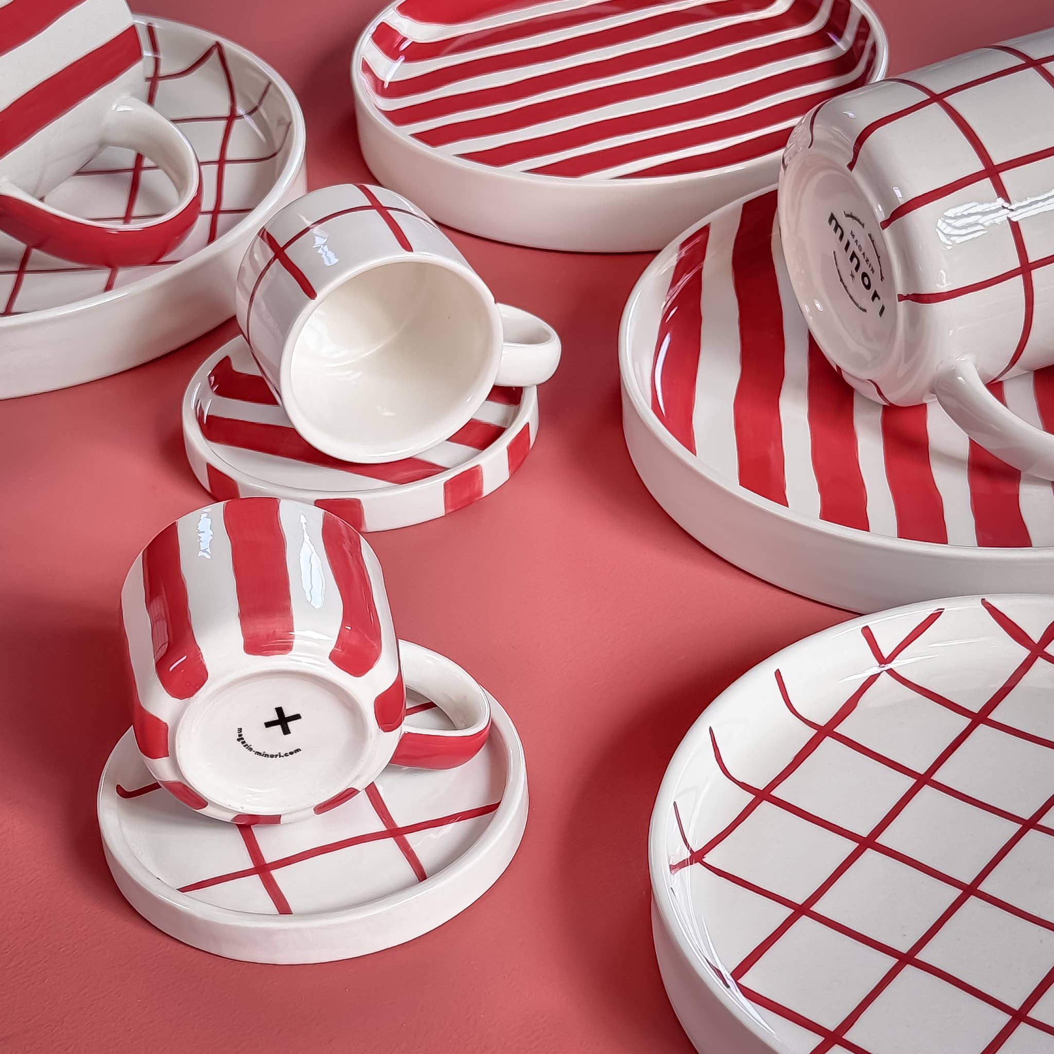 Magazin Minori - Wholesale Coffee/Tea Cup - Espresso Stripes - tramonto red (set of 2 - 4 pieces)2