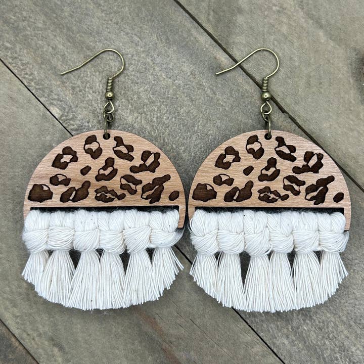Leopard Print Fringe Half Circle - Natural for wholesale by HK Macrame Jewelry