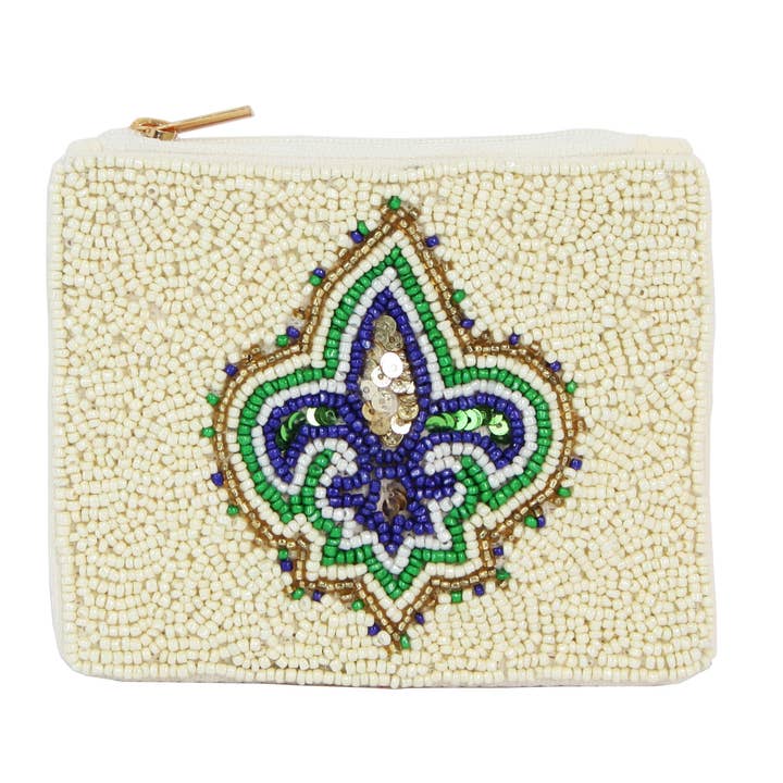 Ladies White Fully Beaded Fleur Di Lis Theme Coin Purse for wholesale by Nima Accessories Inc