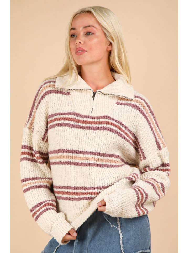VERY J - Wholesale Knit Sweater - Women's - 12W3136N-Multi Color Striped Half Zip Up Knit Sweater Top