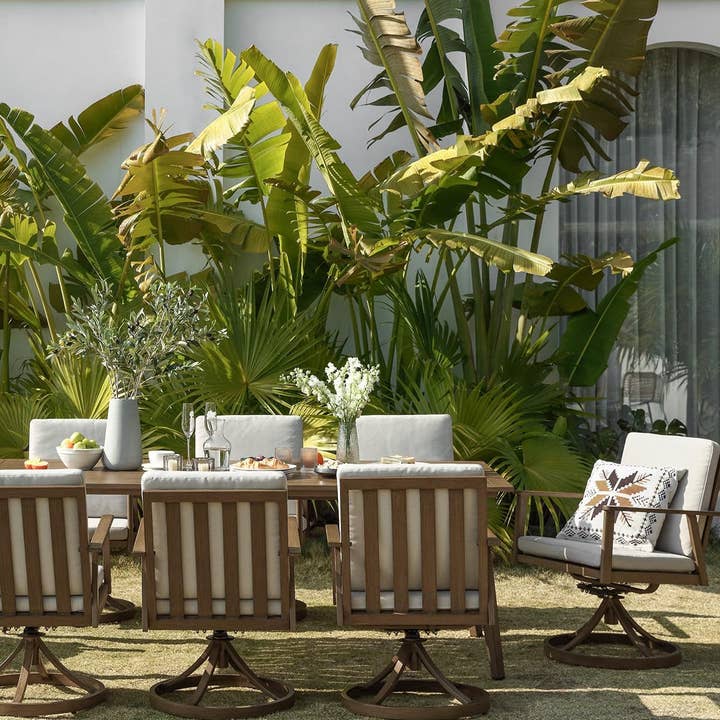 Teak Nine Piece Outdoor Patio Dining Set with Swivel Chairs for wholesale on Faire4