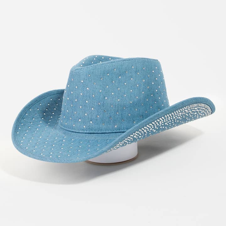 Collections by Fame Accessories - Wholesale Cowboy Hat - Women's - Rhinestone Studded Denim Cowboy Hat