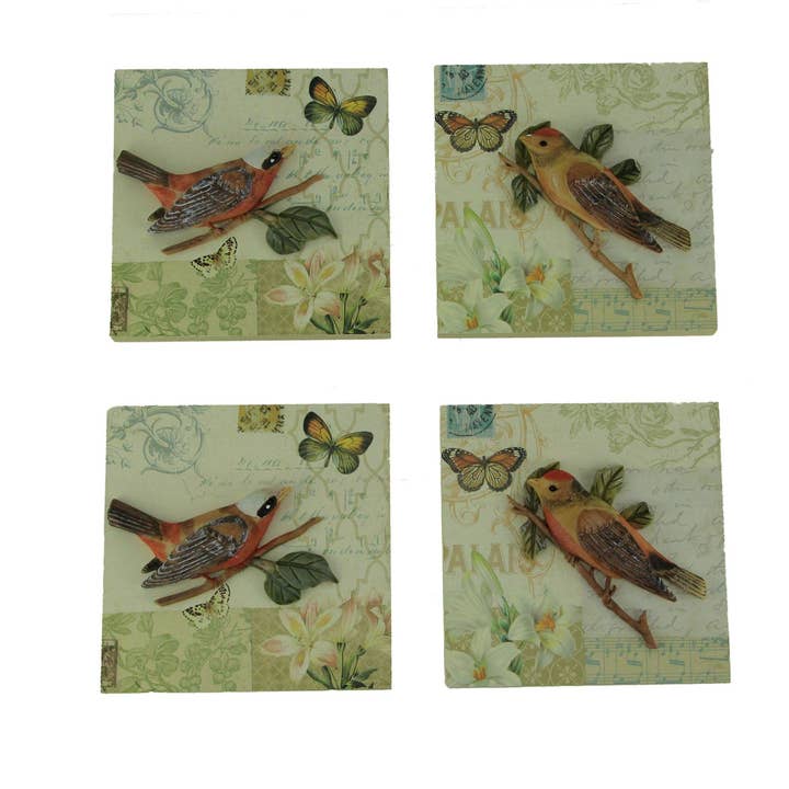 Incantevole set di 4 uccelli tridimensionali colorati posati su rami decorazioni da parete in resina - Arte ispirata alla natura per la tua casa - 5,5 pollici quadrati per la vendita all'ingrosso da parte di Things2Die4