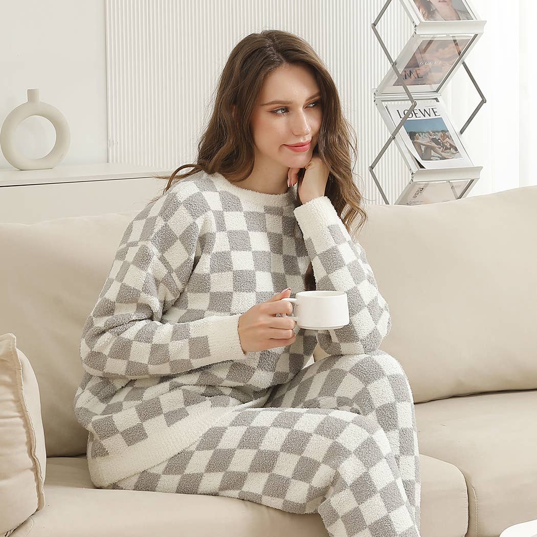 Fashion City - Wholesale Sweatshirt - Women's - Checkered Pullover Sweater Lounge Pajama Top3