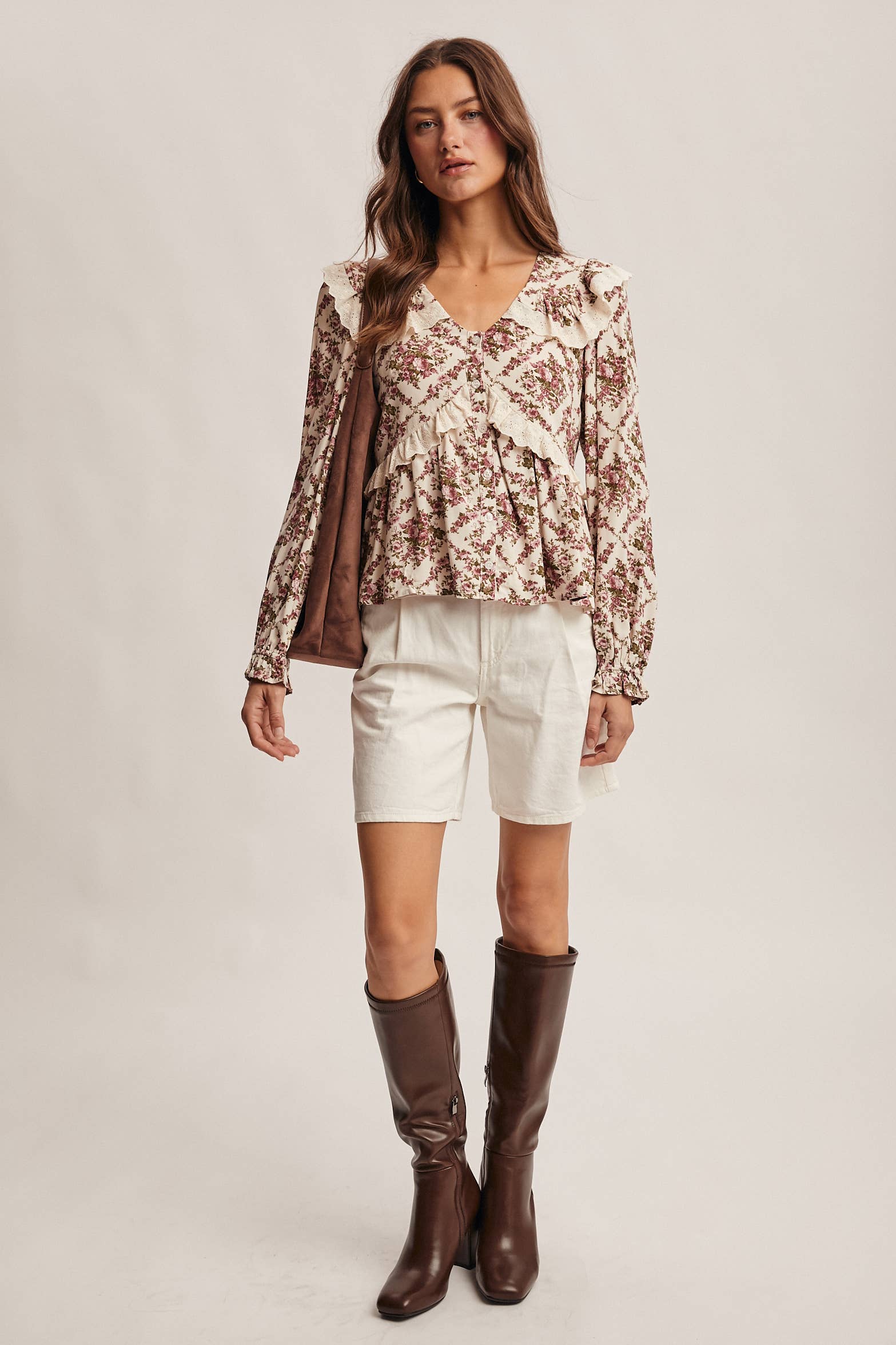 Forte - Wholesale Blouse – Women’s - Eyelet Ruffle Floral Peplum Blouse FT00128