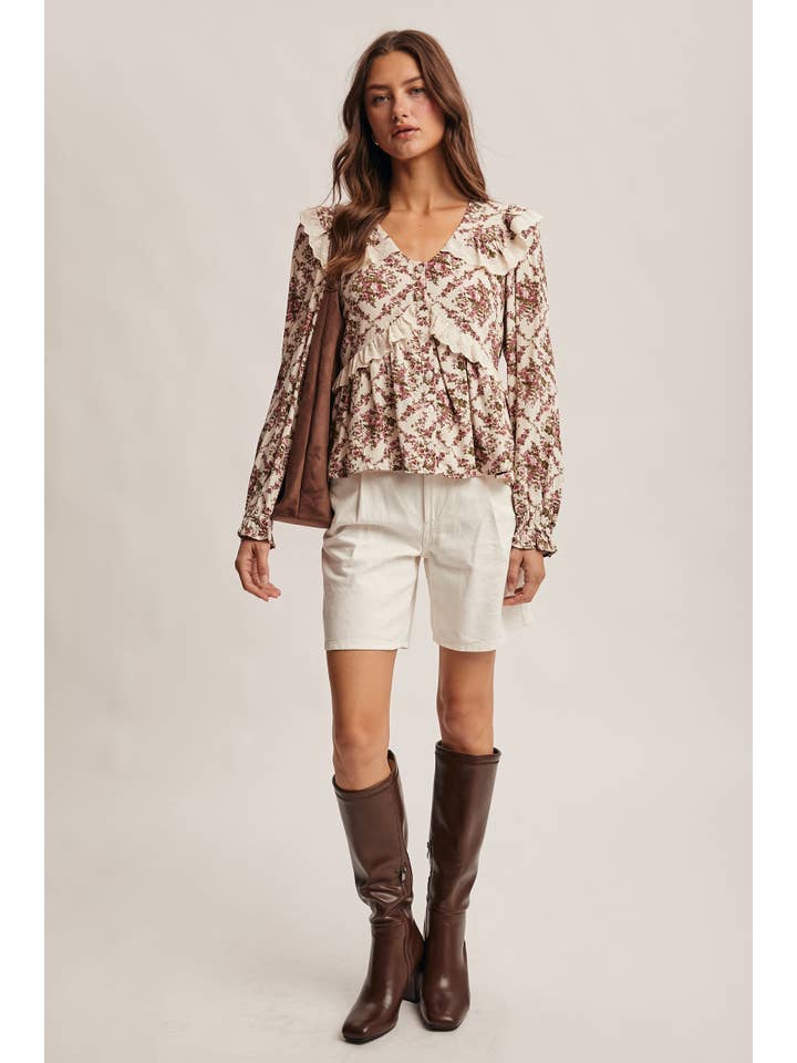 Forte - Wholesale Blouse – Women’s - Eyelet Ruffle Floral Peplum Blouse FT00128
