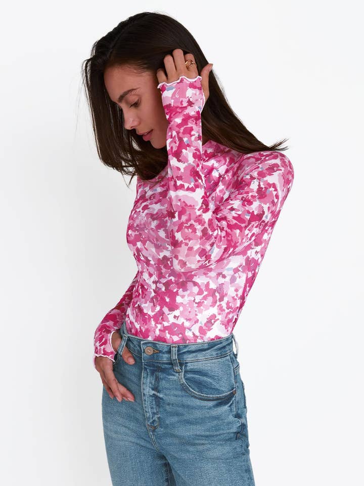 Lovesoft - Wholesale Blouse - Women's - Half High Neck Long Sleeve Tee Sexy Y2K Mesh Printed Top1