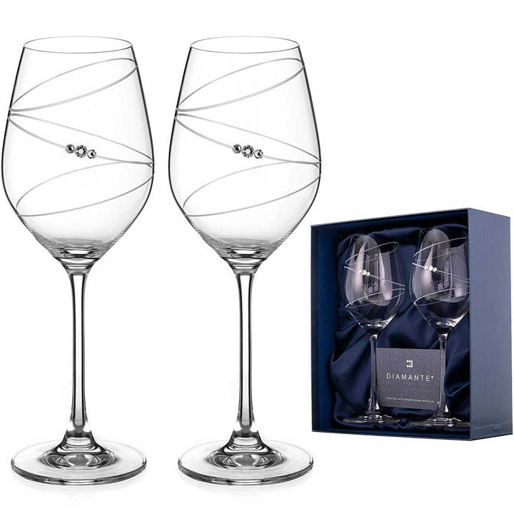 Diamante Swarovski White Wine Glasses Pair - 'ring' Design for wholesale by DIAMANTE