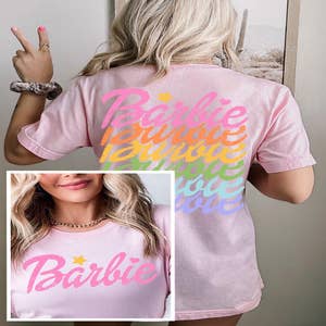 Barbie Womens Short Sleeve T-Shirt, Ladies Graphic Tee with Pink Classic  Logo in Black OR White Options