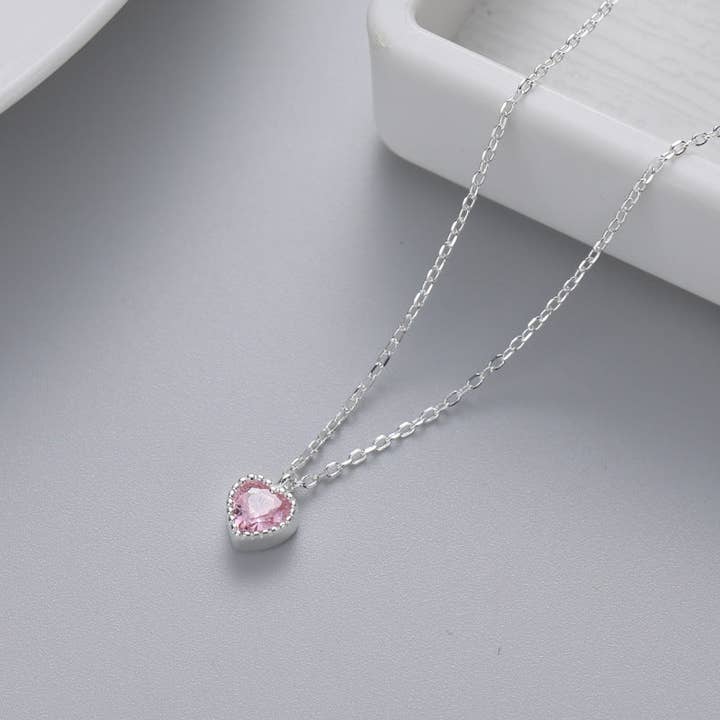 Perimade & Co. LLC - Wholesale Pendant/Charm Necklace - Dainty Blue Pink Heart Charm Necklace in 925 Sterling Silver4
