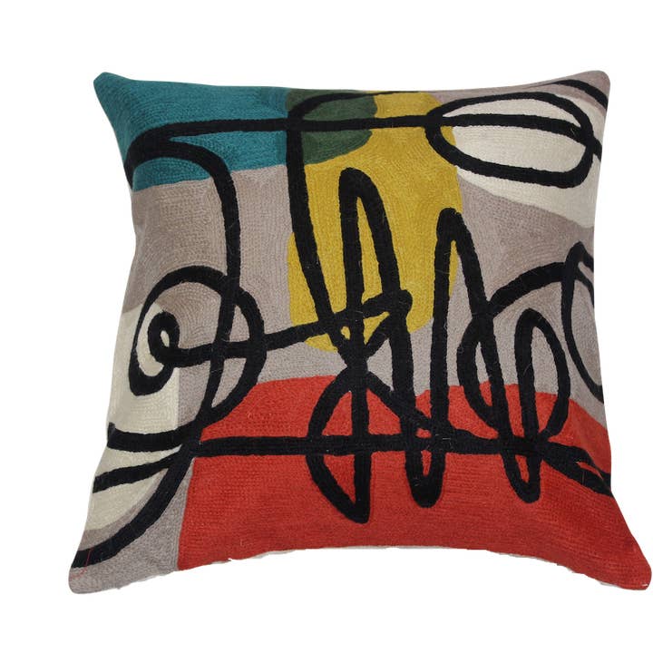 "Hand-Embroidered Abstract Design Pillow - 18-inch Square for wholesale by Cashmere Crafts Inc