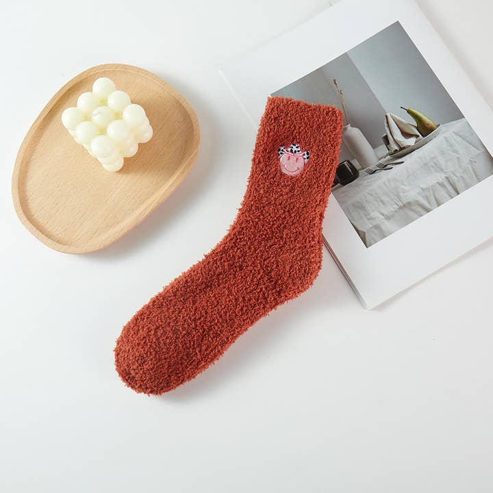 ASSORTED COLORS Happy Face w Cowboy Hat Fuzzy Winter Socks for wholesale on Faire5