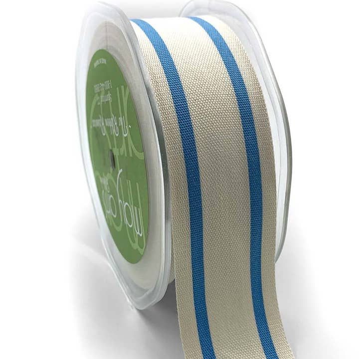 May Arts Ribbon - Wholesale Ribbon - Gift Wrapping - 1.5" Woven Cotton Bright Blue Double Stripes Ribbon