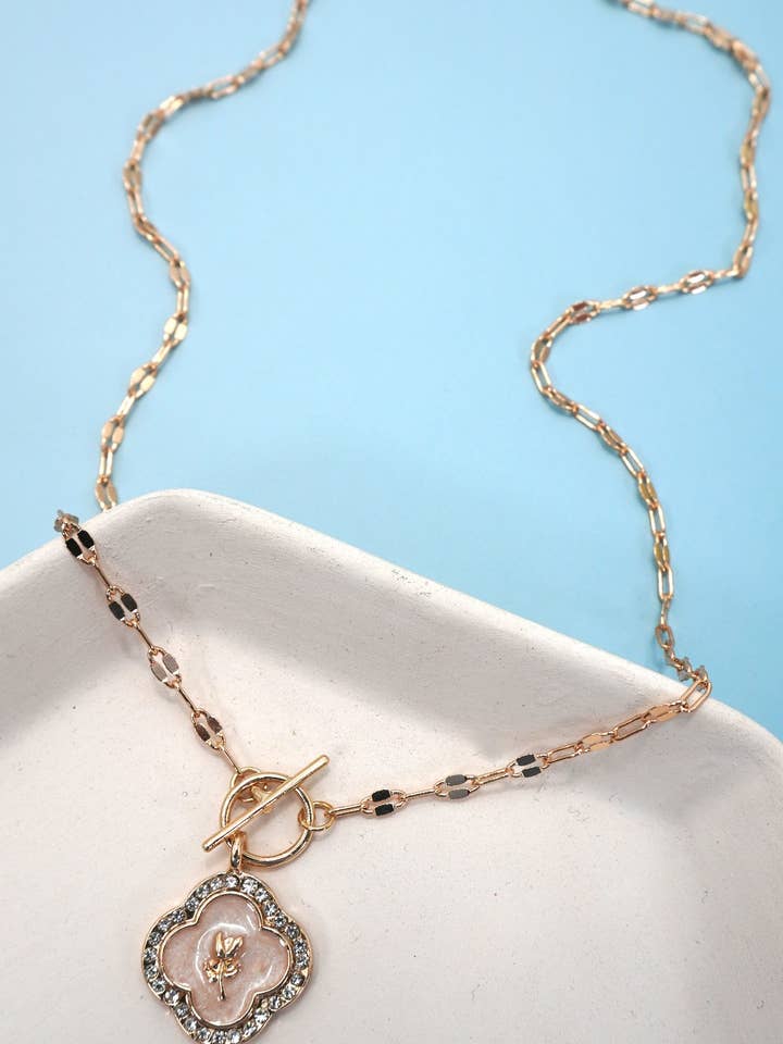 RHINESTONE ROSE FLOWER PEARL CHARM TOGGLE NECKLACE | 80N9201 for wholesale by JOSSLYN by wall to wall