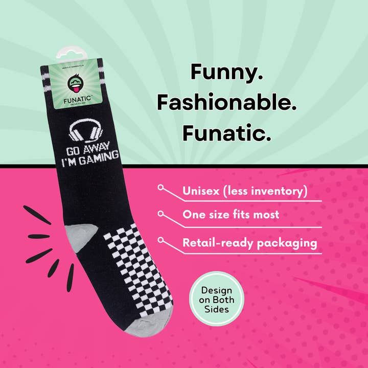 Funatic - About Face Designs - Nice Enough Merch Co - Wholesale Socks - Unisex - Go Away I'm Gaming Socks | Snarky | Funny Unisex | Funatic