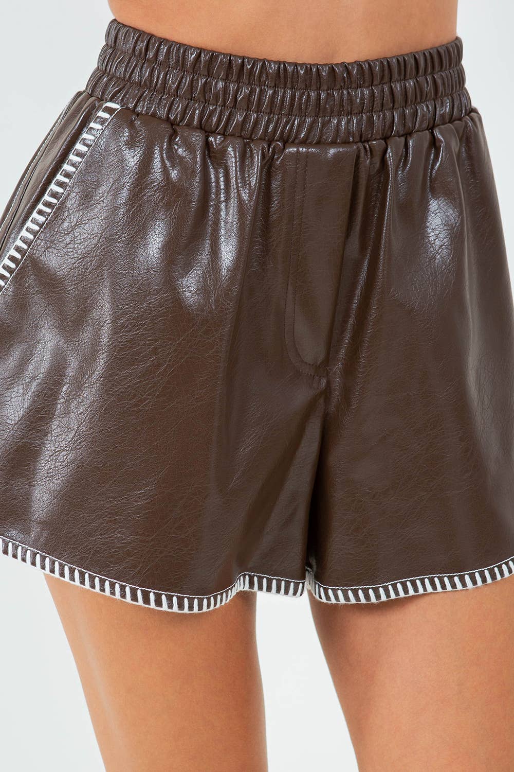 CONTRAST BLANKET STITCHED PU LEATHER SHORTS - CHOCO BROWN for wholesale on Faire5