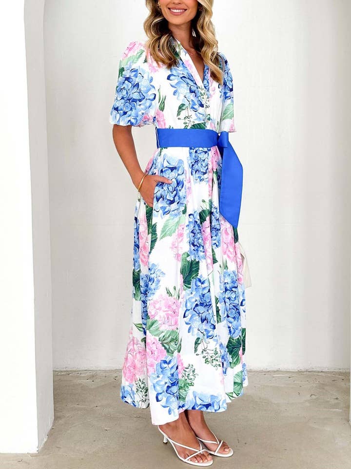 Blue Bohemia Floral Print Belted A-Line Maxi Dress for wholesale on Faire