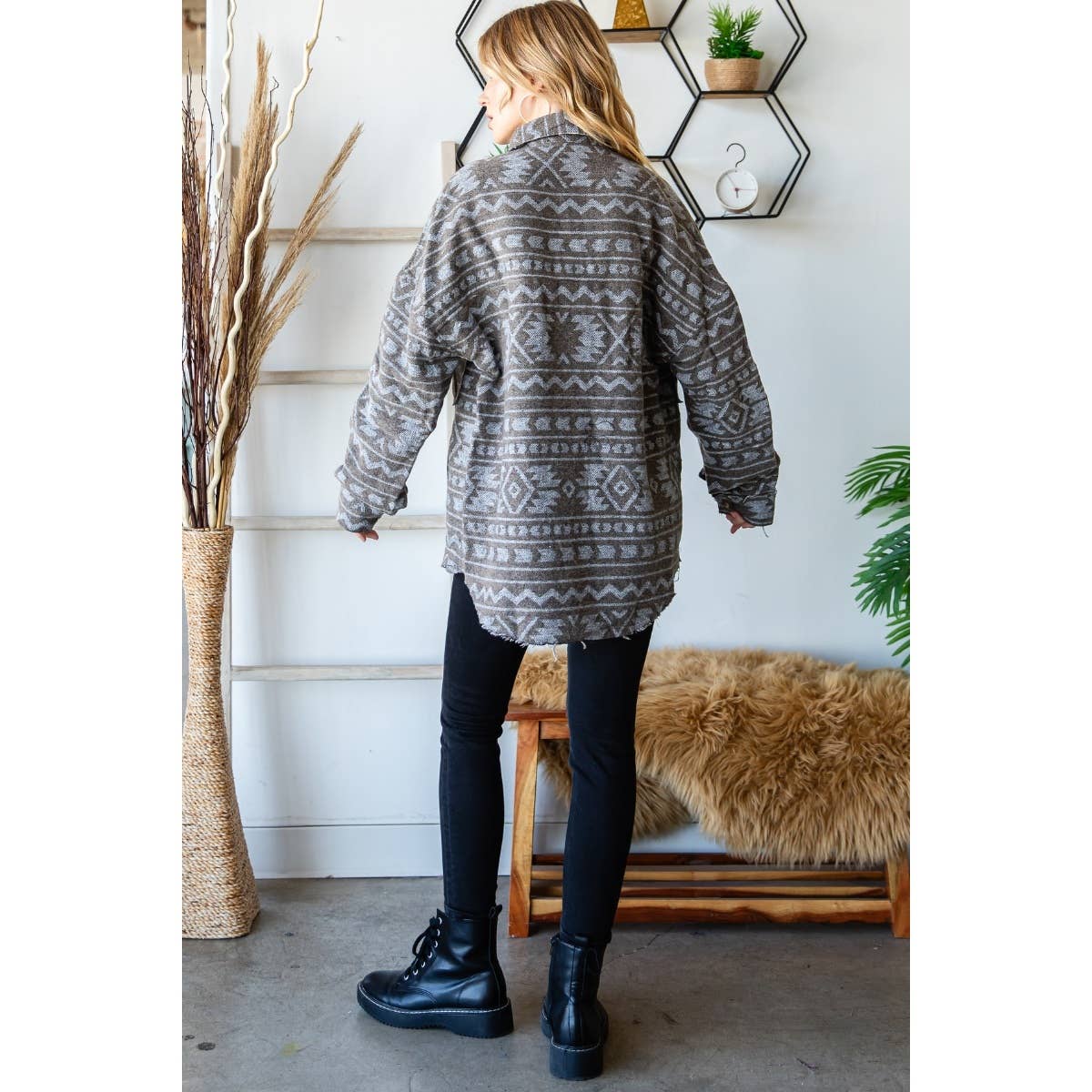 Grey Oilve Oversize Aztec Long Fit Jacket for wholesale on Faire9