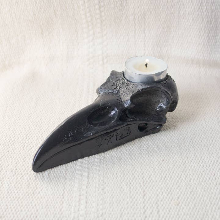 Concrete Raven Skull TeaLight Candle Holder, halloween decor for wholesale by Moderniche