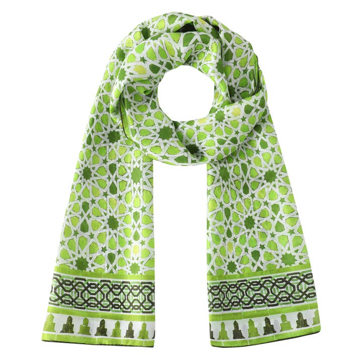 Green Silk Scarf Inspired by Alhambra Tiles - 180x65 cm for wholesale by Hamzah