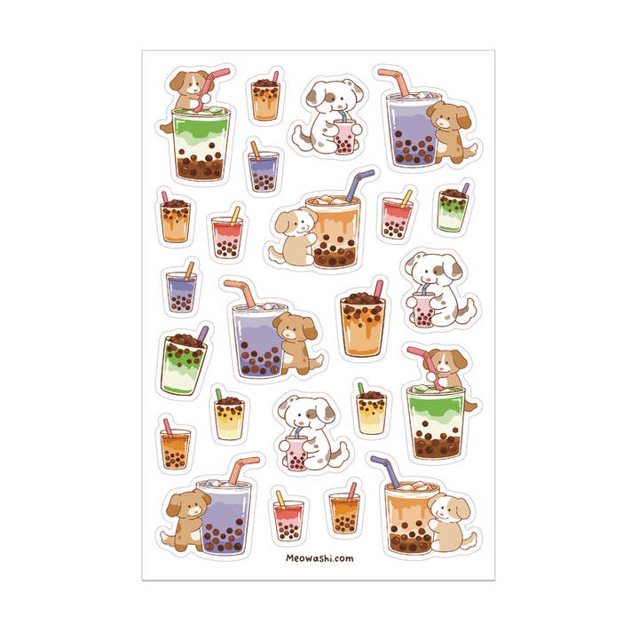 Dog and Bubble Tea Sticker Sheet for wholesale by Meowashi Studio