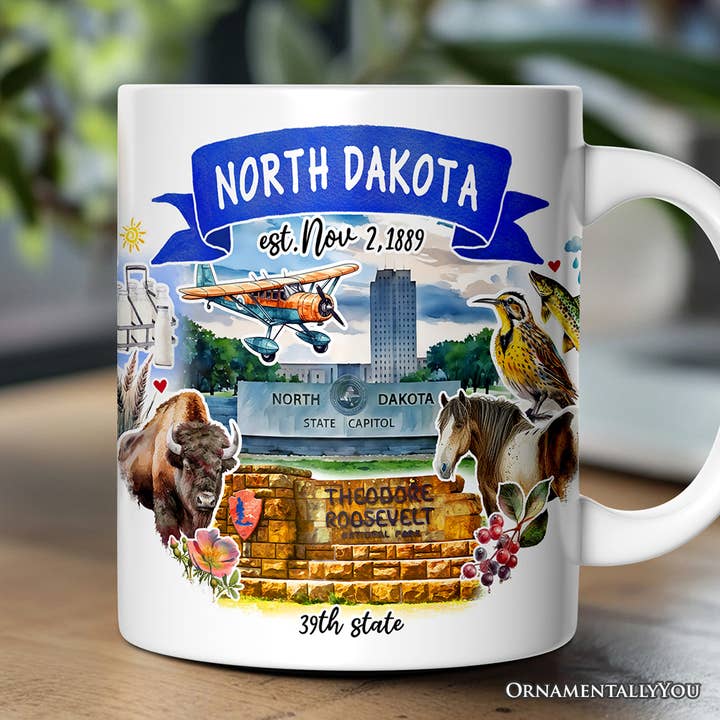 Artistic North Dakota State Themes and Landmarks Gift Mug for wholesale by OrnamentallyYou