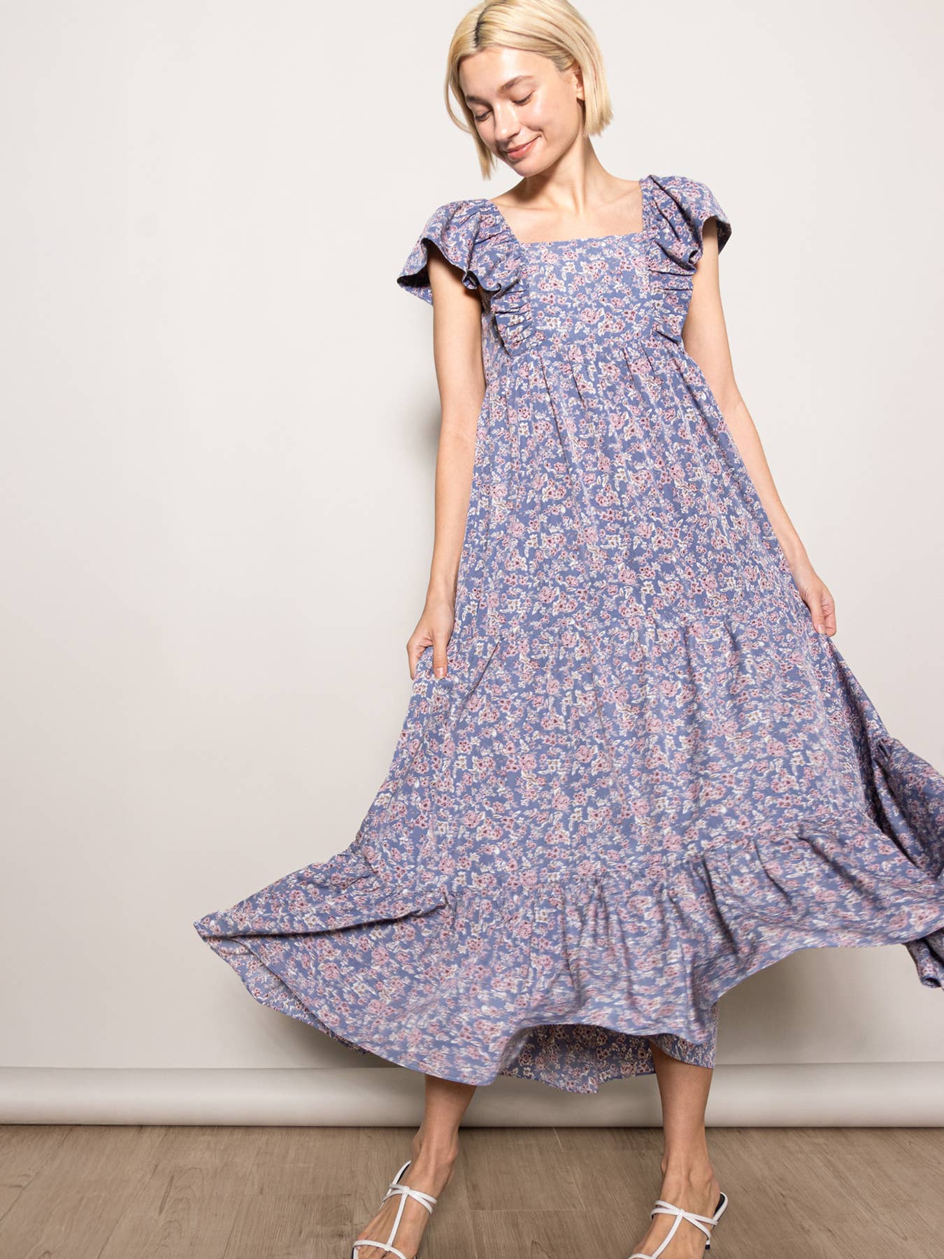 Elloh Collection - Wholesale Dress - Women's - On Off Shoulder Ruffle Sleeve Wide Flare Tiered Maxi Dress0