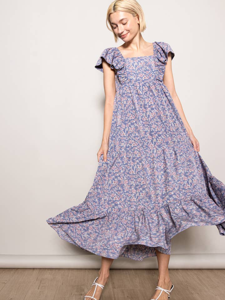 Elloh Collection - Wholesale Dress - Women's - On Off Shoulder Ruffle Sleeve Wide Flare Tiered Maxi Dress0