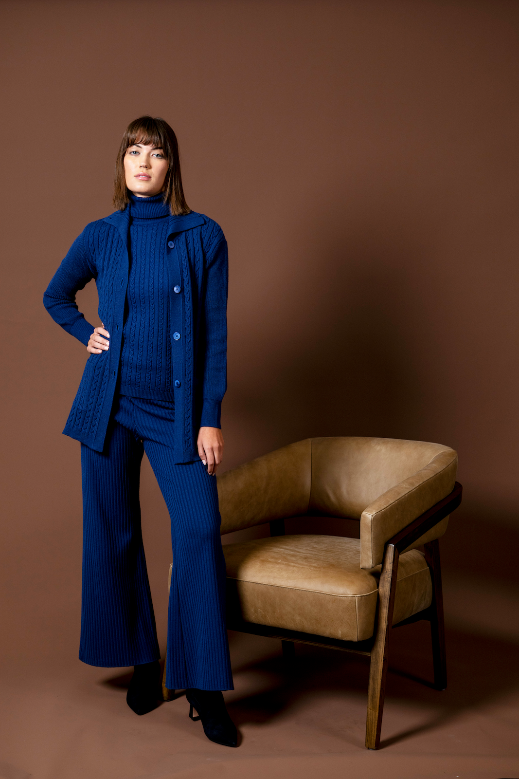 Biana - Wholesale Knit Top - Women's - Sherri Short Sleeved Cable-Knit Turtleneck, Navy6