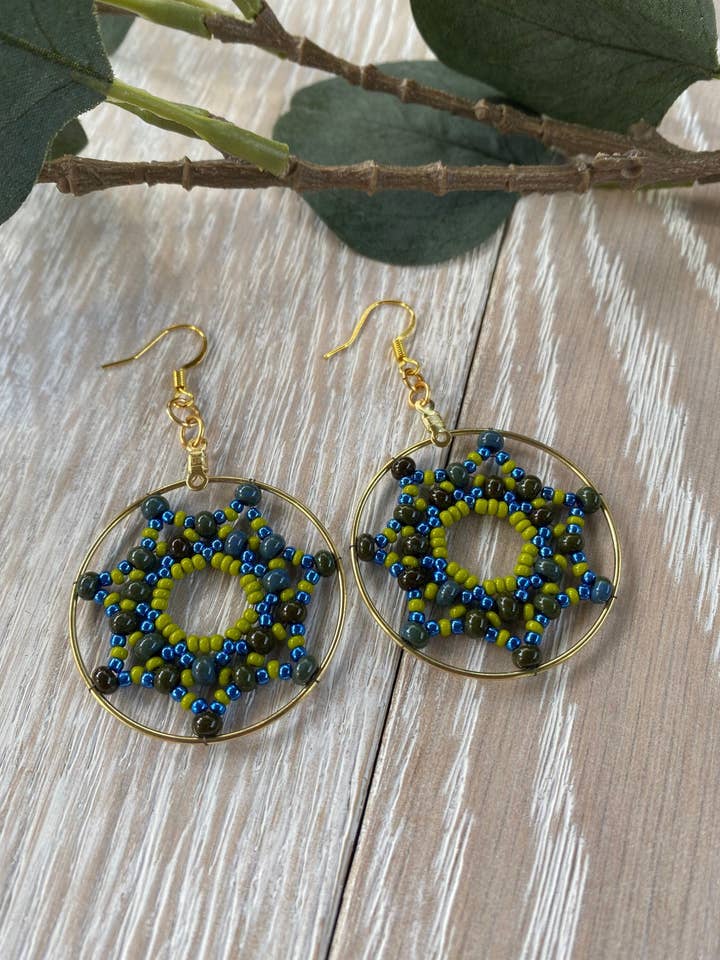 Green and Metallic Blue Dream Catcher Earrings for wholesale by Hazel Earth Design