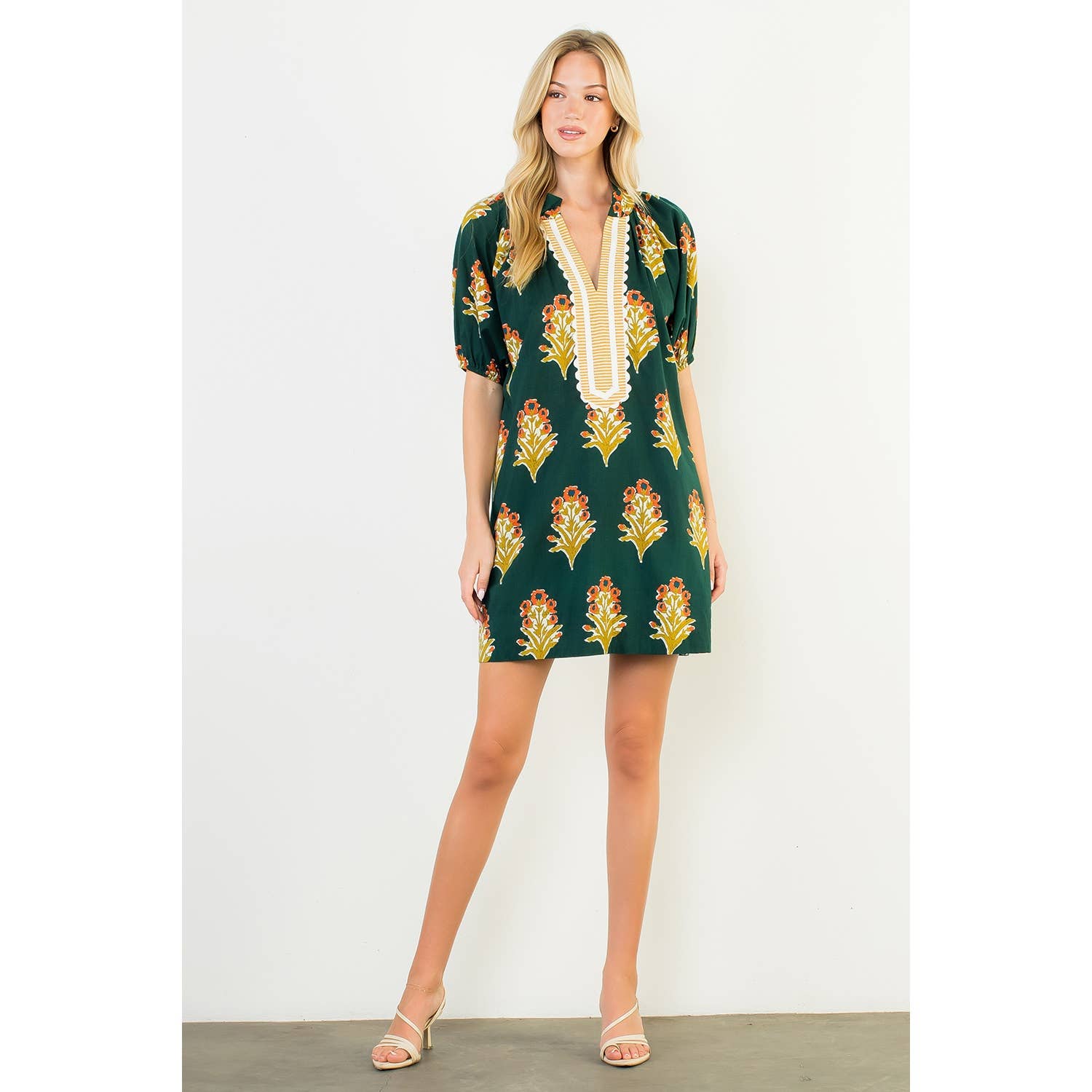 GREEN Floral Print V-Neck Striped Detail Dress for wholesale on Faire7