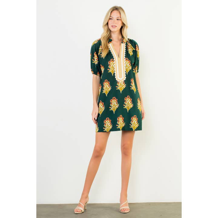 GREEN Floral Print V-Neck Striped Detail Dress for wholesale on Faire7