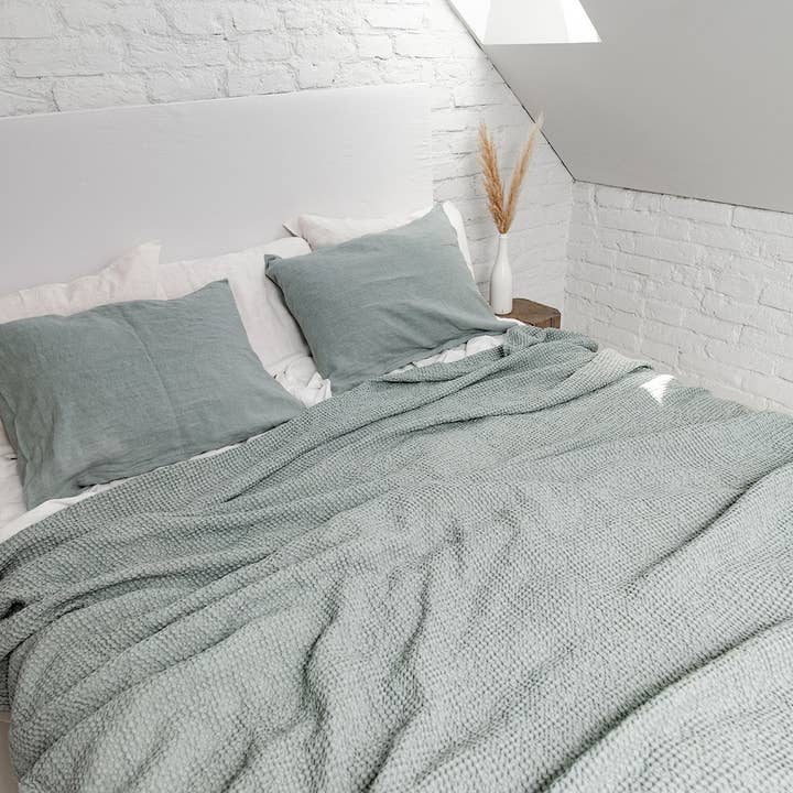 Linen waffle blanket in Sage Green for wholesale on Faire5