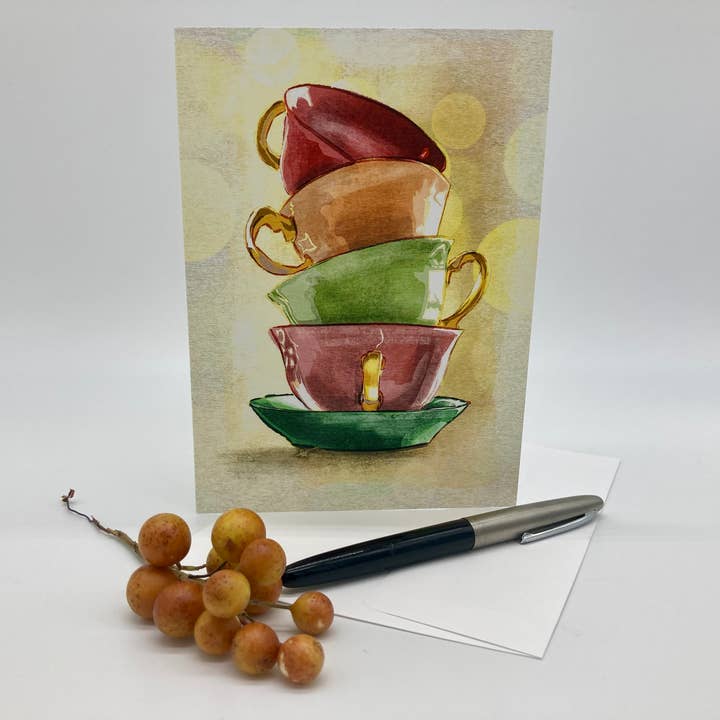 Stack of Teacups Greeting Card, 5x7" with Envelope for wholesale by Coreyartus Imagery