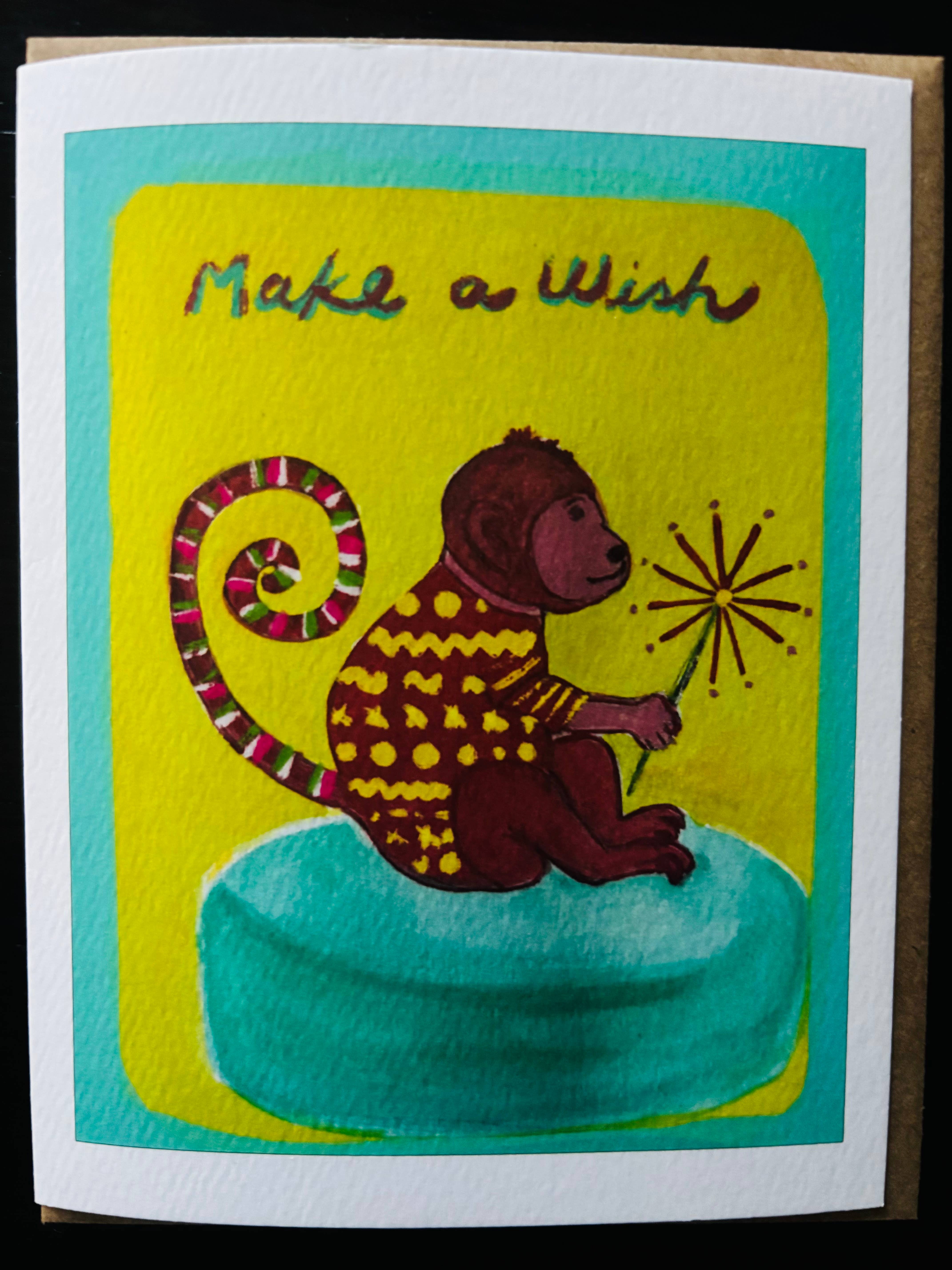 Bernie Street Studios - Wholesale Birthday Card - Make a Wish striped tailed monkey birthday pet greeting card0