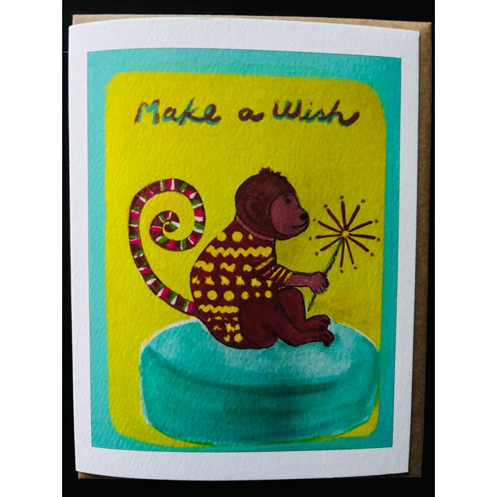 Bernie Street Studios - Wholesale Birthday Card - Make a Wish striped tailed monkey birthday pet greeting card