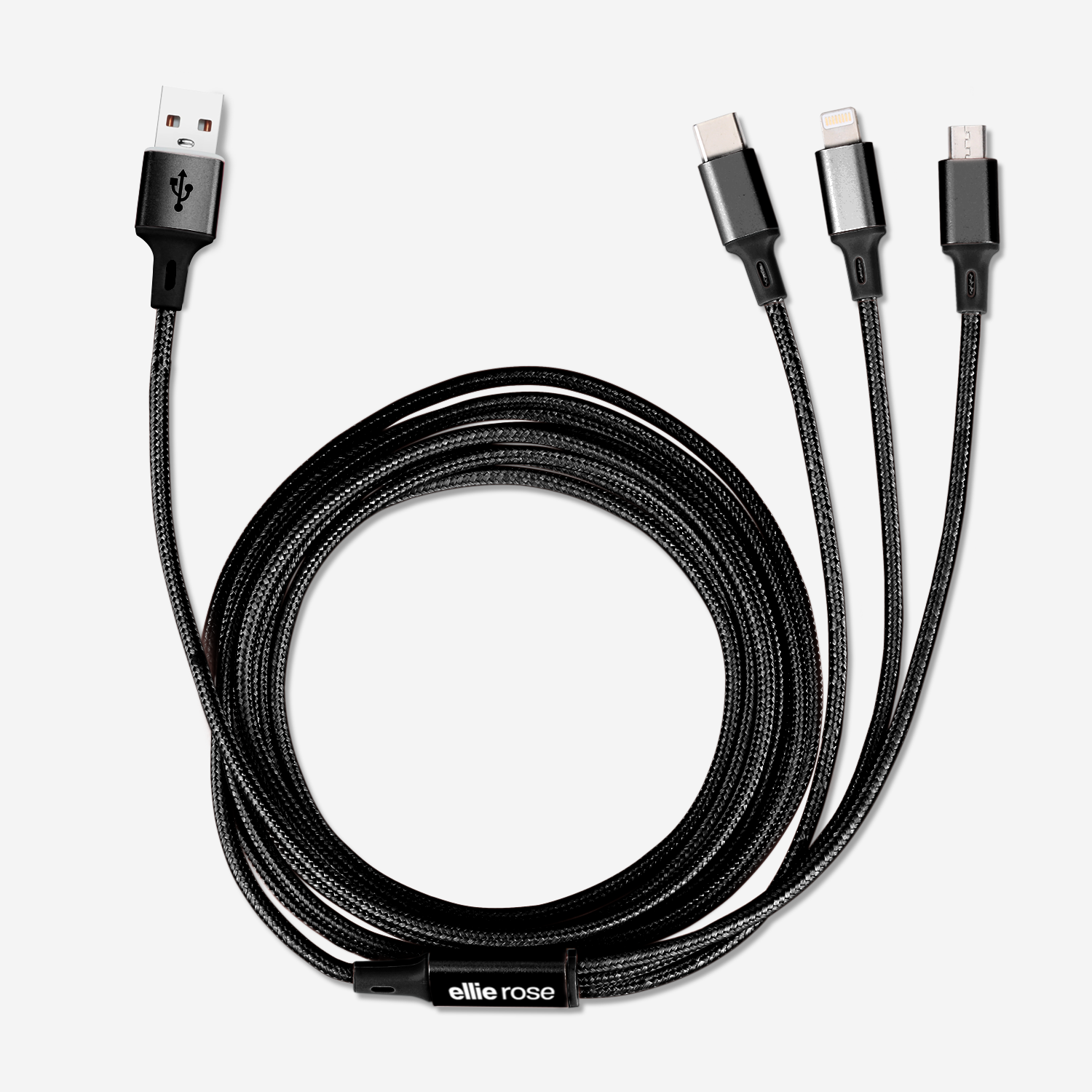 Ellie Rose - Wholesale Charging Cable - 3-in-1 Charging Cable 10 Ft Nylon - Black (USB A)1