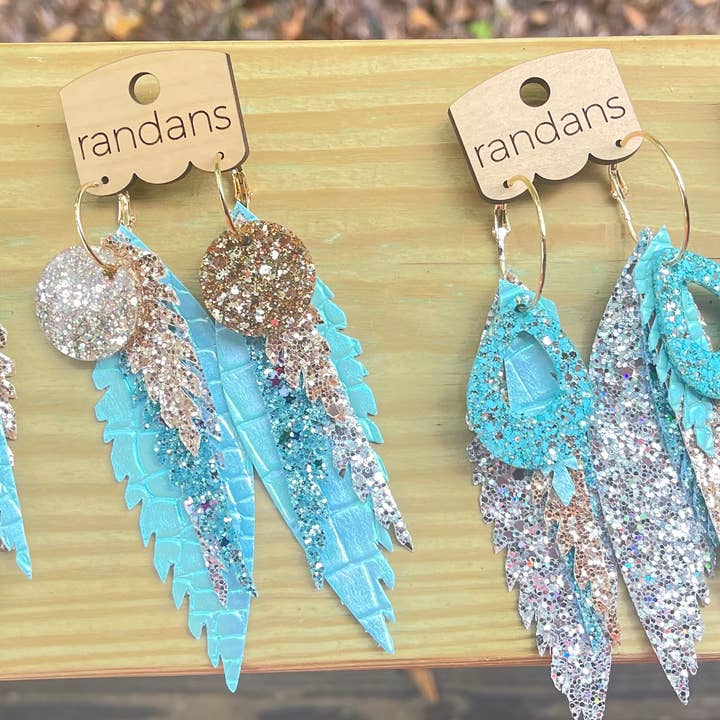 Glitter Feather Hoops- resin, faux leather, chain, dangle for wholesale by Randans