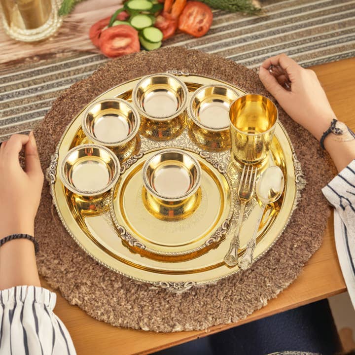 Handcrafted Brass Etched Thali Set (10 Pcs) – 14" Royal Dinnerware Service for 1 for wholesale by SAMA Homes