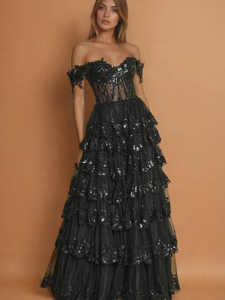 Abito da ballo lungo con corsetto e volant per la vendita all'ingrosso da parte di Kos Couture