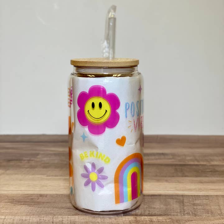 Positive Vibes Retro16oz Clear Glass Can Cup for wholesale by Made In Yuma