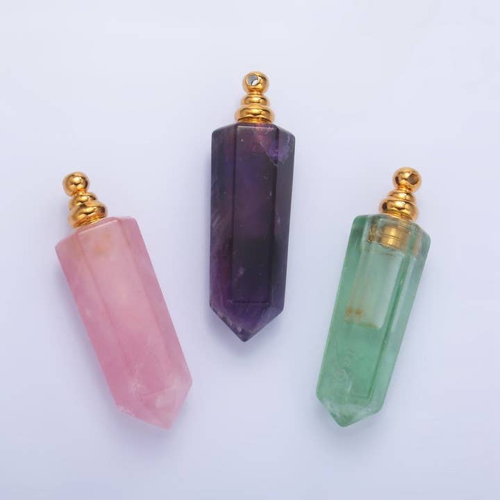 Colgante de frasco de perfume largo y puntiagudo con cristales de cuarzo rosa, amatista y aventurina para aceites esenciales para venta al por mayor de Aim Eternal